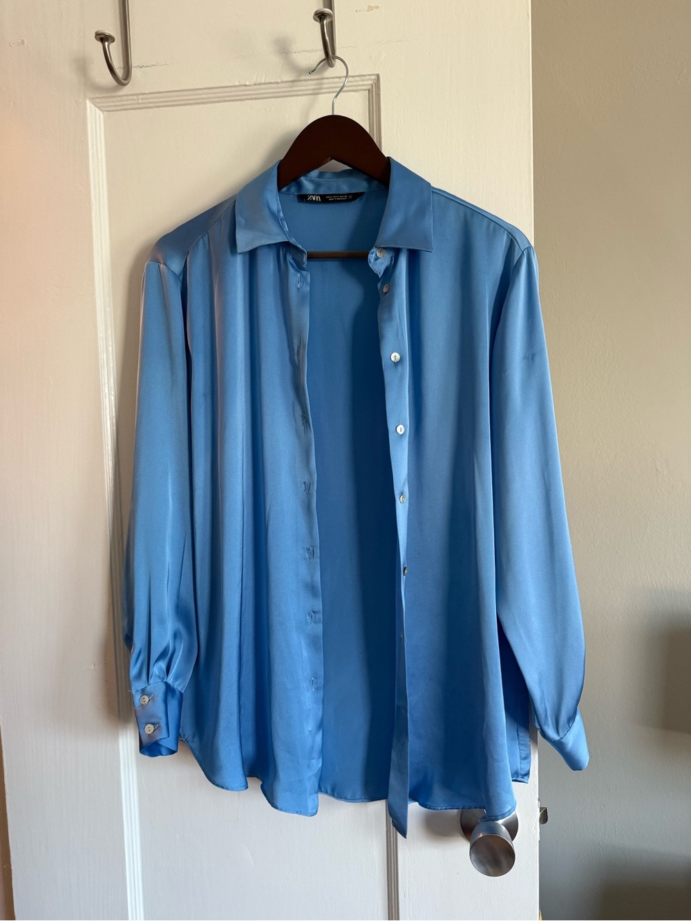 Zara Sky Blue Satin Button-Down Shirt